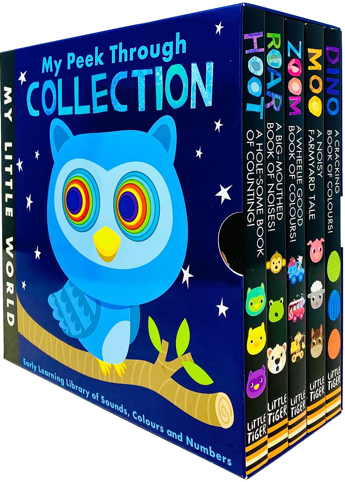 Little Tiger My Little World Peek Through 5 Books Box Set by Jonathan Litton - Dino, Moo, Zoom, Roar & Hoot - Board Book - Ages 0-5 - Early Learning Gift