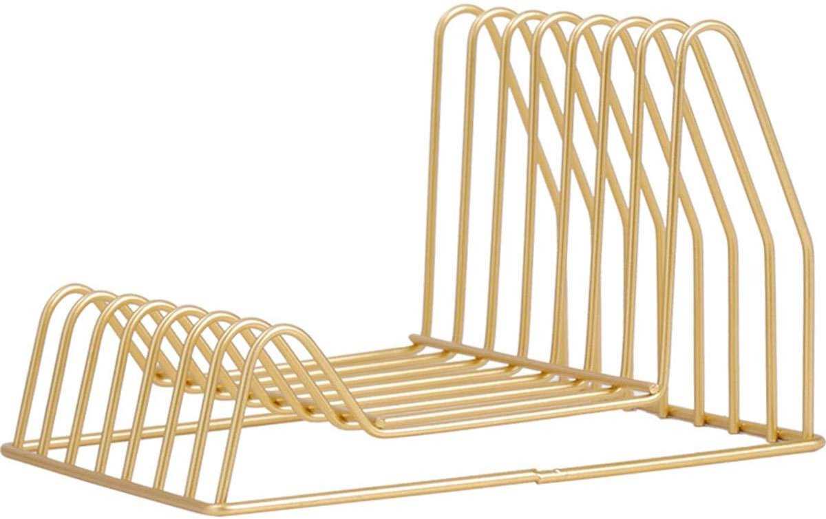 Gouden metalen boekenplank en magazinehouder voor bureauorganisatie, 22.5 x 18 x 14.5 cm