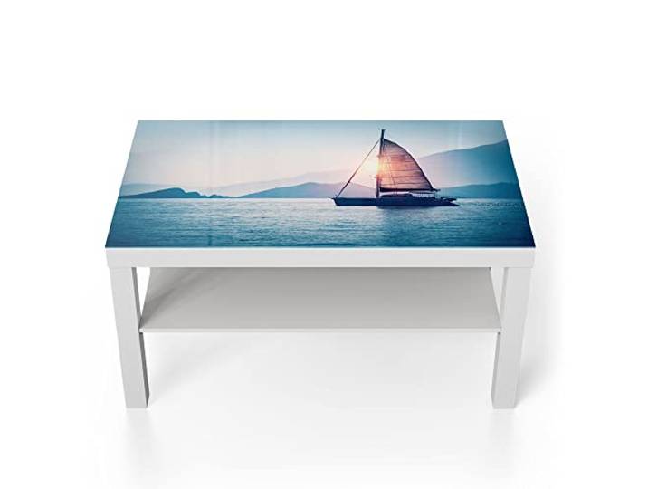 DEQORI Glastisch weiß groß 90x50 cm Motiv Segelboot in Abendsonne ausgefallener Beistelltisch aus Glas Hochglanz Couchtisch fürs Wohnzimmer moderner Couch Tisch mit Design
