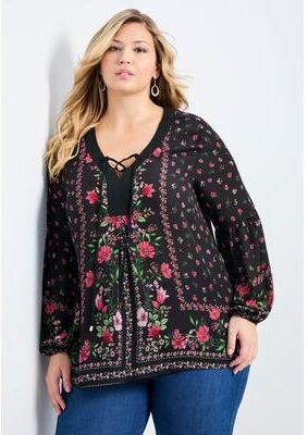 Plus Size Women's Tamlyn Lace Up Print Top by Avenue in Romance Placement (Size 16)