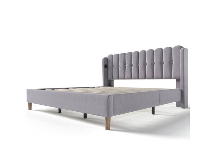 Lit Double Capitonné Gris 180 X 200 Cm Avec Port Usb Et Usb-c Homvra