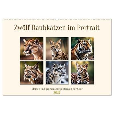 Zwölf Raubkatzen im Portrait (Wandkalender 2027 DIN A2 quer), CALVENDO Monatskalender