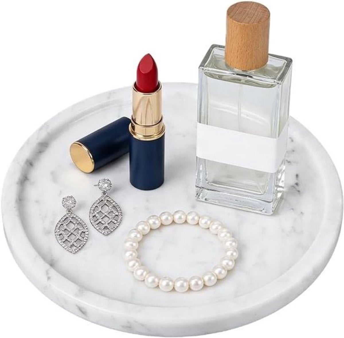 Rond marmeren dienblad wit en grijs - Diameter: 20 cm - Luxe decoratieve tray voor sieraden en accessoires
