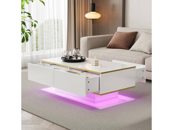 QLTXYHML Couchtisch, 100 x 50 x 40 cm, 3 Schubladen, Stimmungslicht, USB-Anschlüsse
