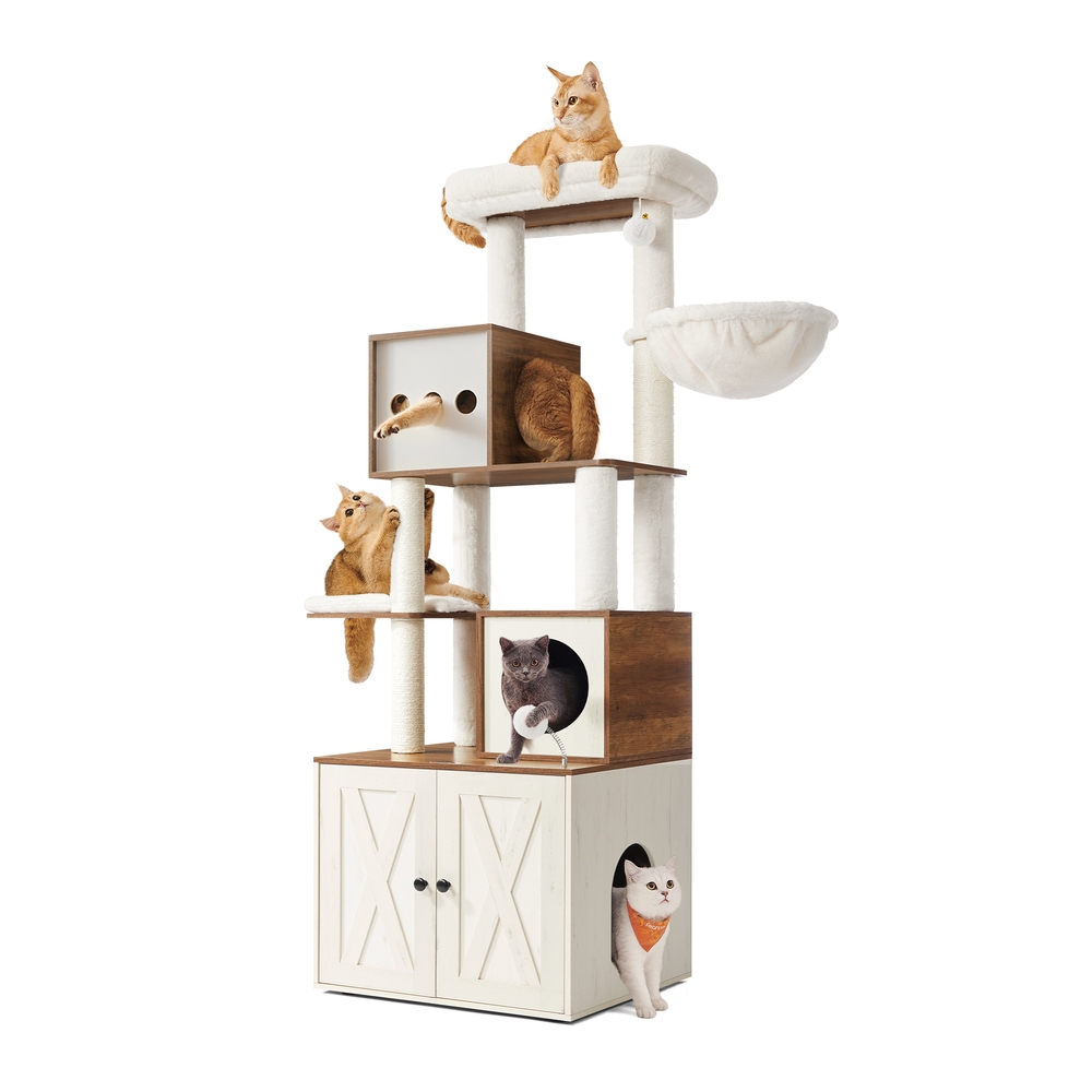 Feandrea Katzenbaum mit Katzenklo-Schrank 178 cm hoch honigbraun-vintageweiß PCT116K03