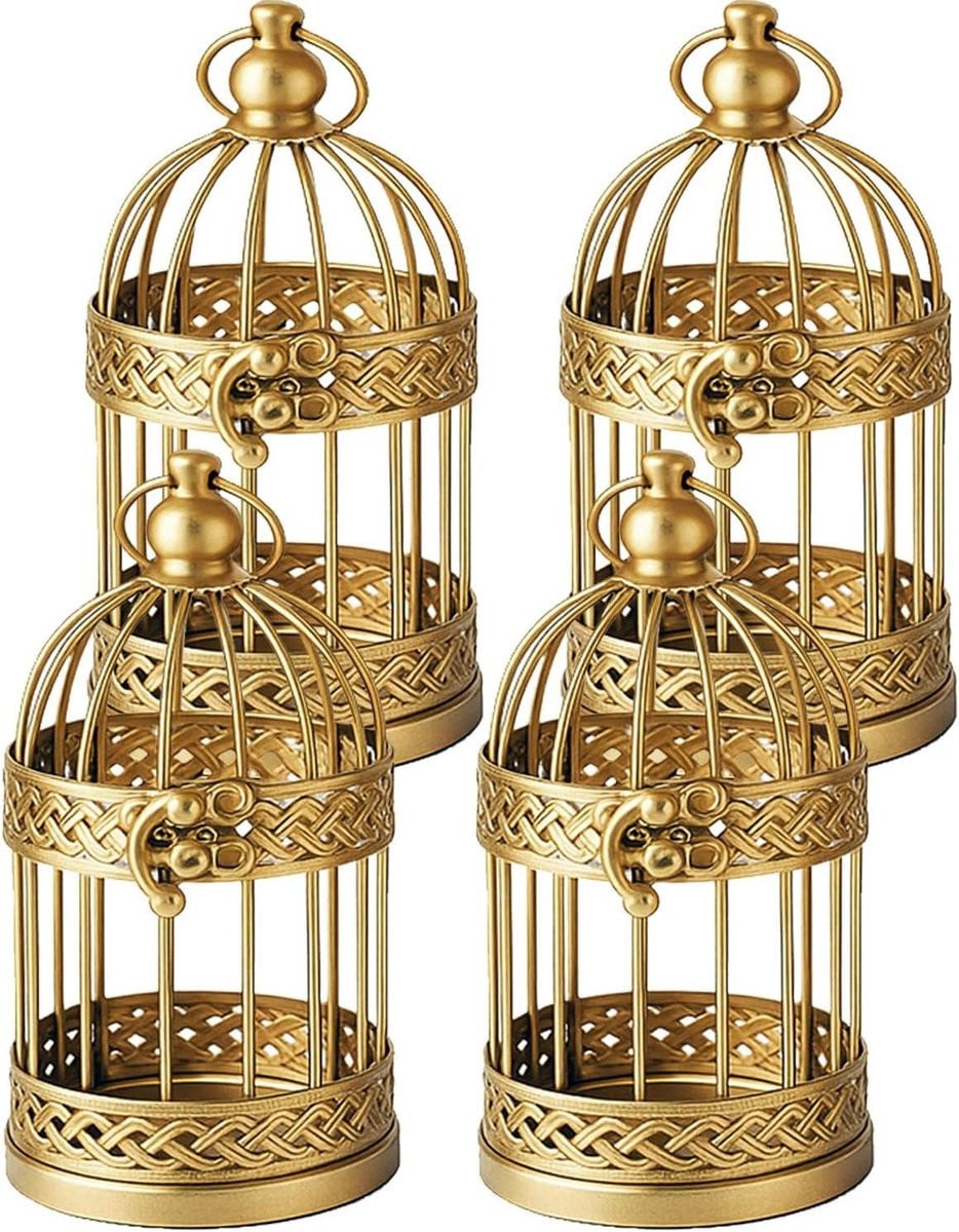 Set van 4 Decoratieve Lantaarns in Vogelkooi Stijl - Kaarsenhouder - Goud
