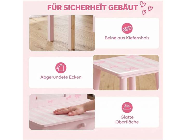 VUENOR Coiffeuse enfant 2 en 1 rose avec tabouret miroir amovible et tiroir