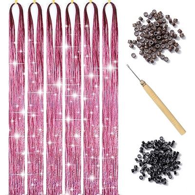 Schwarzes Haar-Lametta-Set mit Werkzeug, 6-teilig, 1200 Stränge, Haar-Lametta, hitzebeständig, Feenhaar, funkelnd, glänzend, Glitzer-Lametta-Haarverlängerungen für Frauen, Mädchen, Kinder, 119,4 cm