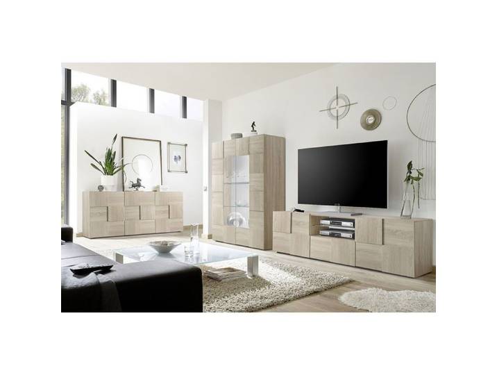 REBECCA - Ensemble Meuble TV 181 cm + Buffet 3P Aspect Bois Samoa Relief Damiers