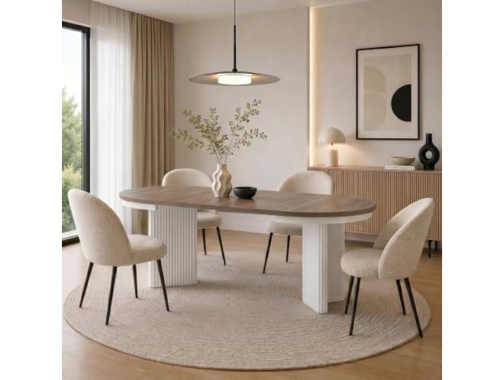 BEAUTY SOFA Esstisch Prestige ausziehbar 100–180 cm, runder Esstisch Ø 100 cm mit 2 Einlegeplatten, geriffelter Designfuß, laminierte Tischplatte, Walnuss + Weiß