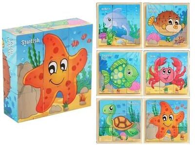 Useful Little Things Montessori Wooden Cube Puzzle Toy 9 Piece Six Sided Learning Blocks ocean (no Tray)