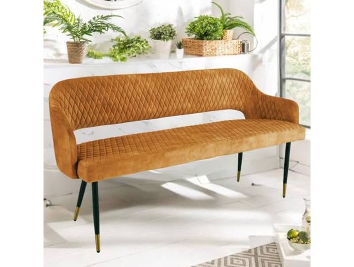 LEBENSwohnART Design Sitzbank France 160cm Samt senf-gelb Ziersteppung Armlehnen Esszimmerstuhl Retro