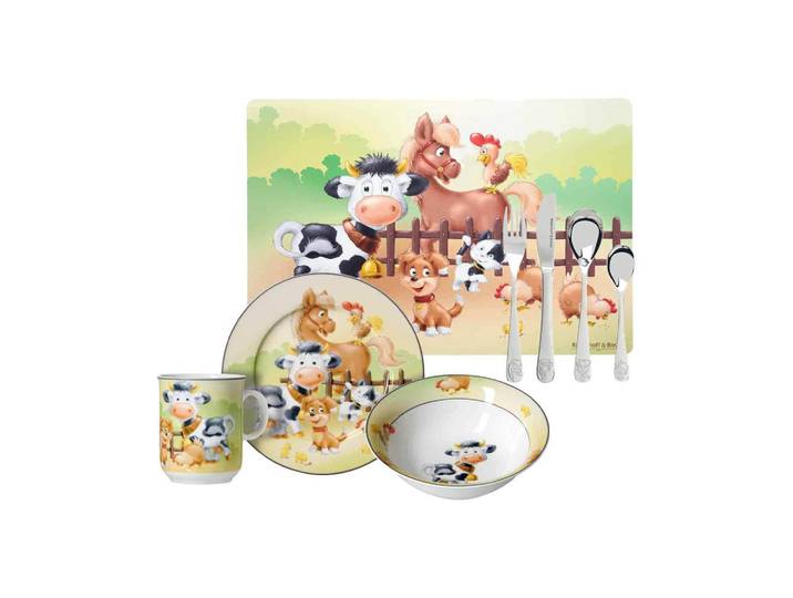 Ritzenhoff Breker Kindergeschirr MIT Platzset & Besteck Hoftiere bunt, Mehrfarbig, Keramik, 2x2x2 cm, Füttern, Kindergeschirr & Kinderbesteck