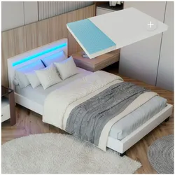 Juskys Polsterbett Paris 90x200 cm weiß mit Matratze – Einzelbett + LED-Beleuchtung & Lattenrost
