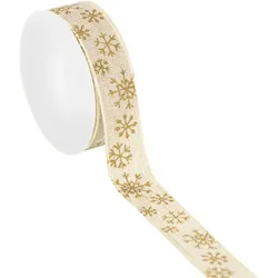 Stoffband "Schneeflocken", natur-gold, 25 mm, 5 m