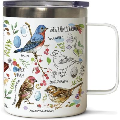 Highland Home Drawn To Birds Stainless Steel Mug with Lid 12 oz. Manufactured in the USA
