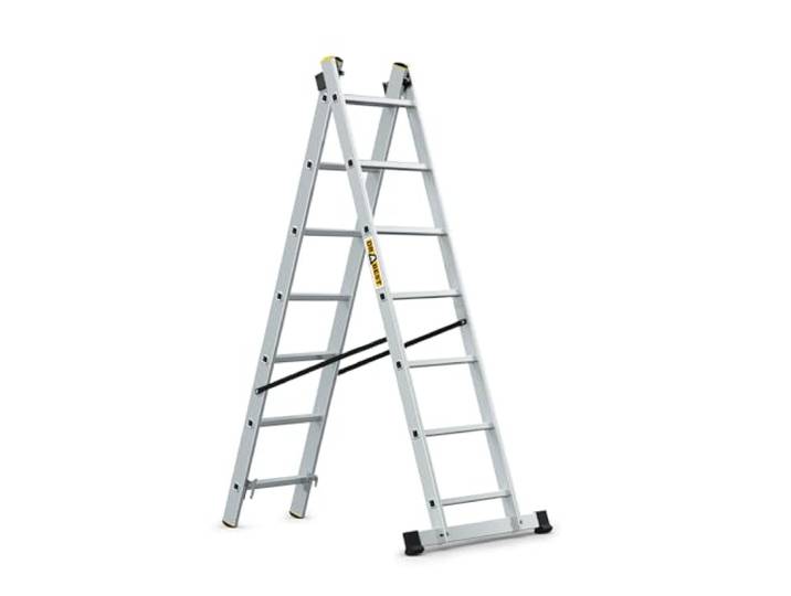 DRABEST Pro Aluminium-Leiter - Stark und langlebig - Verzinkte Haken - EN-131 Standard - Ergonomische Konstruktion - 2-Element - 2x7 Sprossen 150 kg Belastbarkeit - 46 x 300 x 10,5 cm