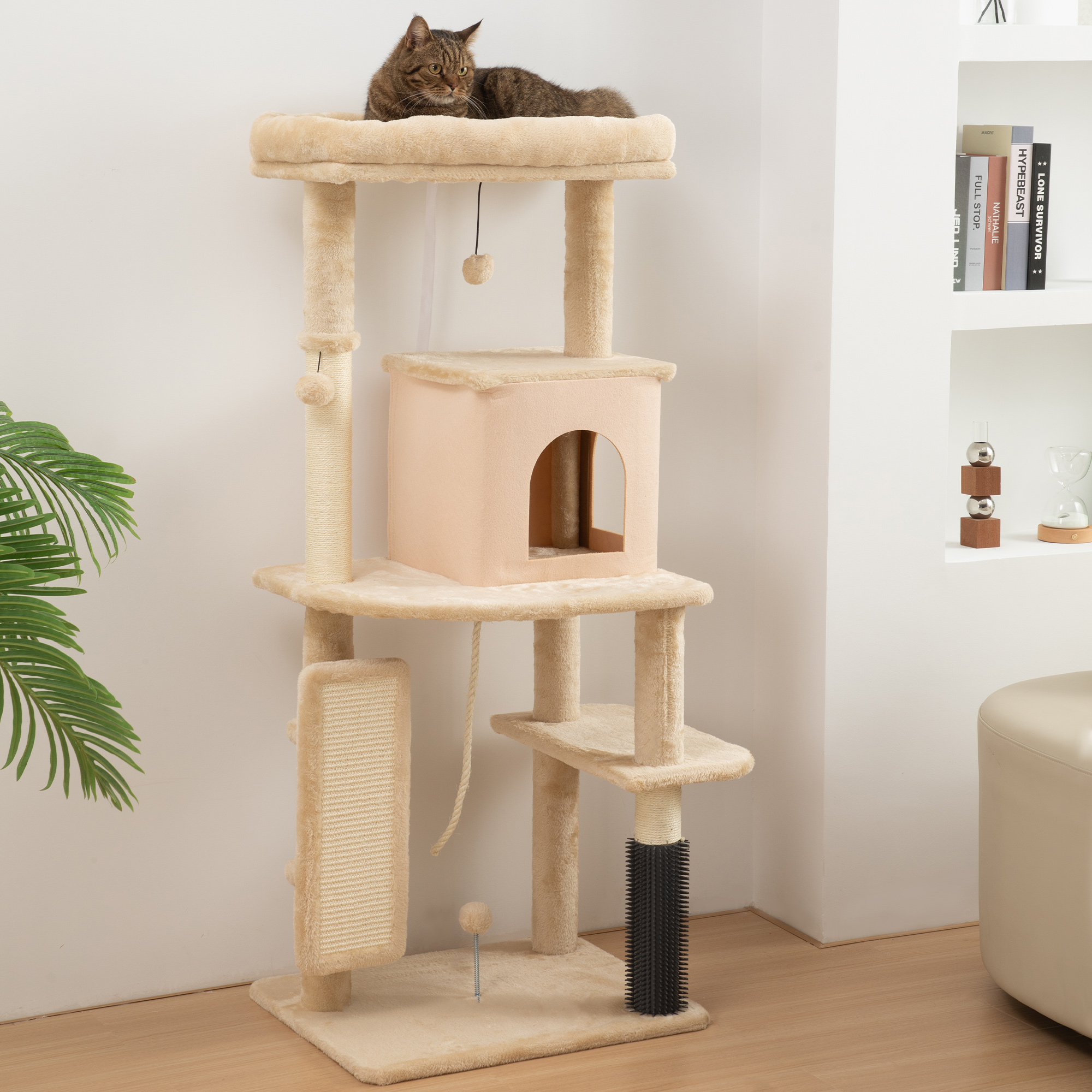 Pawhut Albero per Gatti Multilivello con Casetta, Lettino, Pali Tiragraffi, Spazzola e Pallina, 132 cm, Beige   Aosom Italy