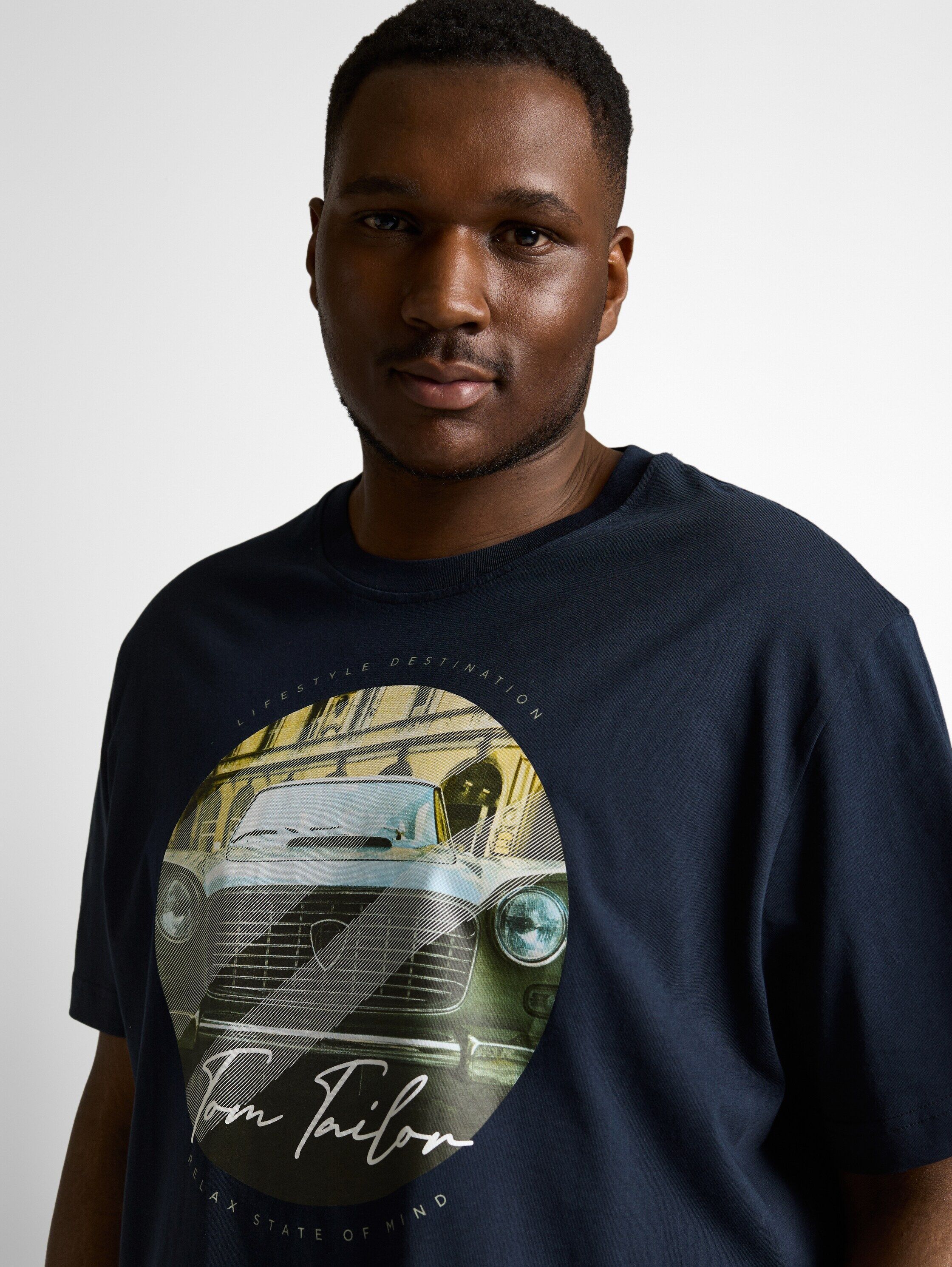 Kurzarmshirt TOM TAILOR PLUS, Damen, Gr. XXL, blau (sky captain blau), Single Jersey, Obermaterial: 100% Baumwolle, bedruckt, weit hüftbedeckend, Rundhals, Shirts Kurzarmshirt, mit Frontprint - Grosse Ggrössen sky captain blau XXL