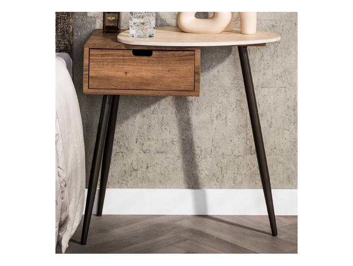 alesvelt Nachttisch TRAVINO TRAVERTIN Asymmetrische Konsole mit Keramikplatte (1-Tisch), 60x35,5x60cm, Travertin-Design, Eichenoptik, Ausführung Rechts