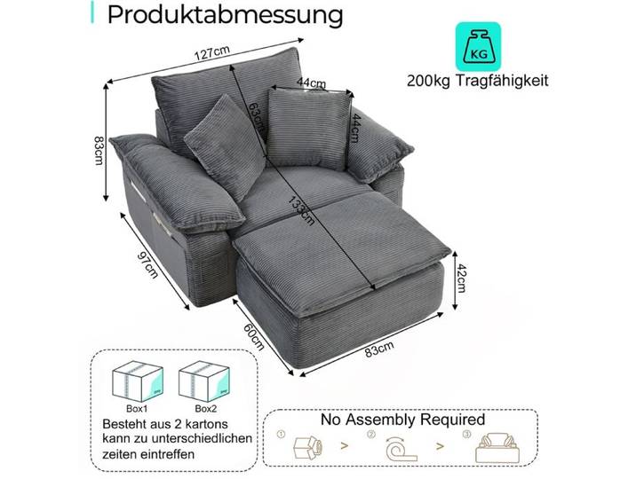 Canapé 1 place convertible - ZEVKOR - Convertible modulable 1 place - Tissu gris clair - Coffre de rangement - Repose-pieds