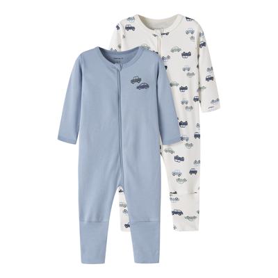 Schlafanzug NAME IT "NBMNIGHTSUIT 2P ZIP FF CAR NOOS", Jungen, Gr. 68, blau (jet stream pack:w, ashley blau), Jersey, Obermaterial: 100% Baumwolle, bedruckt, Rundhals, Homewear-Sets Schlafanzug, aus Baumwolle, in Jersey-Qualität, pflegeleicht