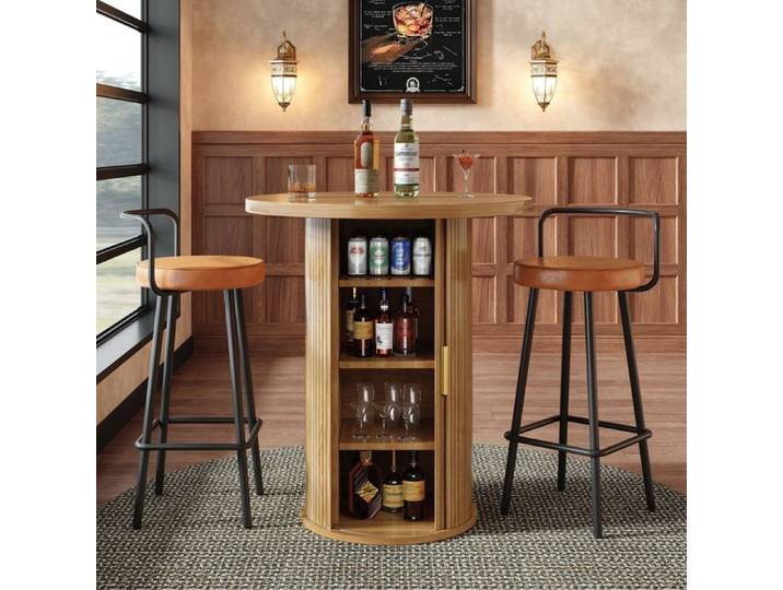 Ensemble de Table de Bar avec 2 Tabourets de Bar Table de Bistrot Ronde avec Rangement et 2 Tabourets de Bar Ergonomiques Pour Salon