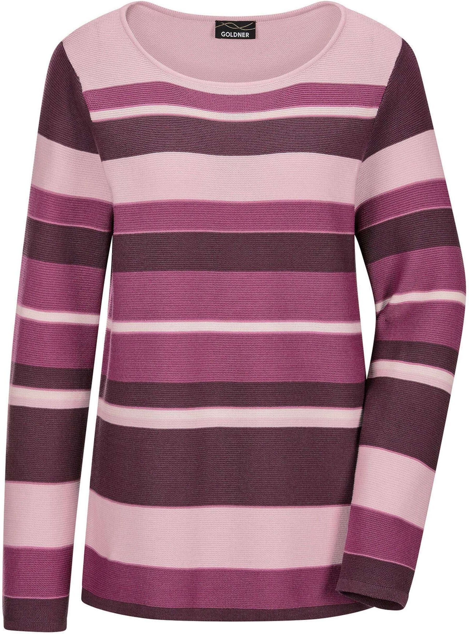 Rundhalspullover GOLDNER "Kurzgröße Strickpullover im Ringel-Look", Damen, Gr. 19, rosa (rosé, gemustert), Obermaterial: 50% Baumwolle CO. 50% Polyacryl PAN., figurumspielend, U-Boot-Ausschnitt, Pullover Rundhalspullover, farbharmonischer Ringelablauf