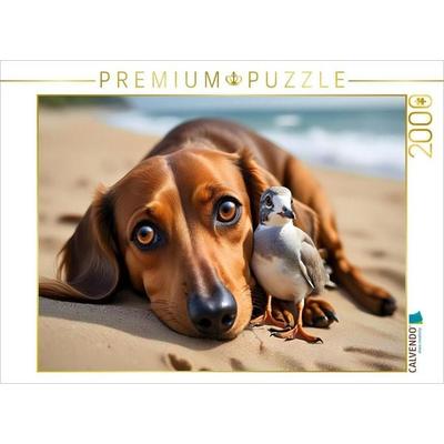 CALVENDO Puzzle Dackel und zutrauliche Möwe am Sandstrand | 2000 Teile Lege-Größe 90 × 67 cm Foto-Puzzle für glückliche Stunden, von , Calvendo Puzzle