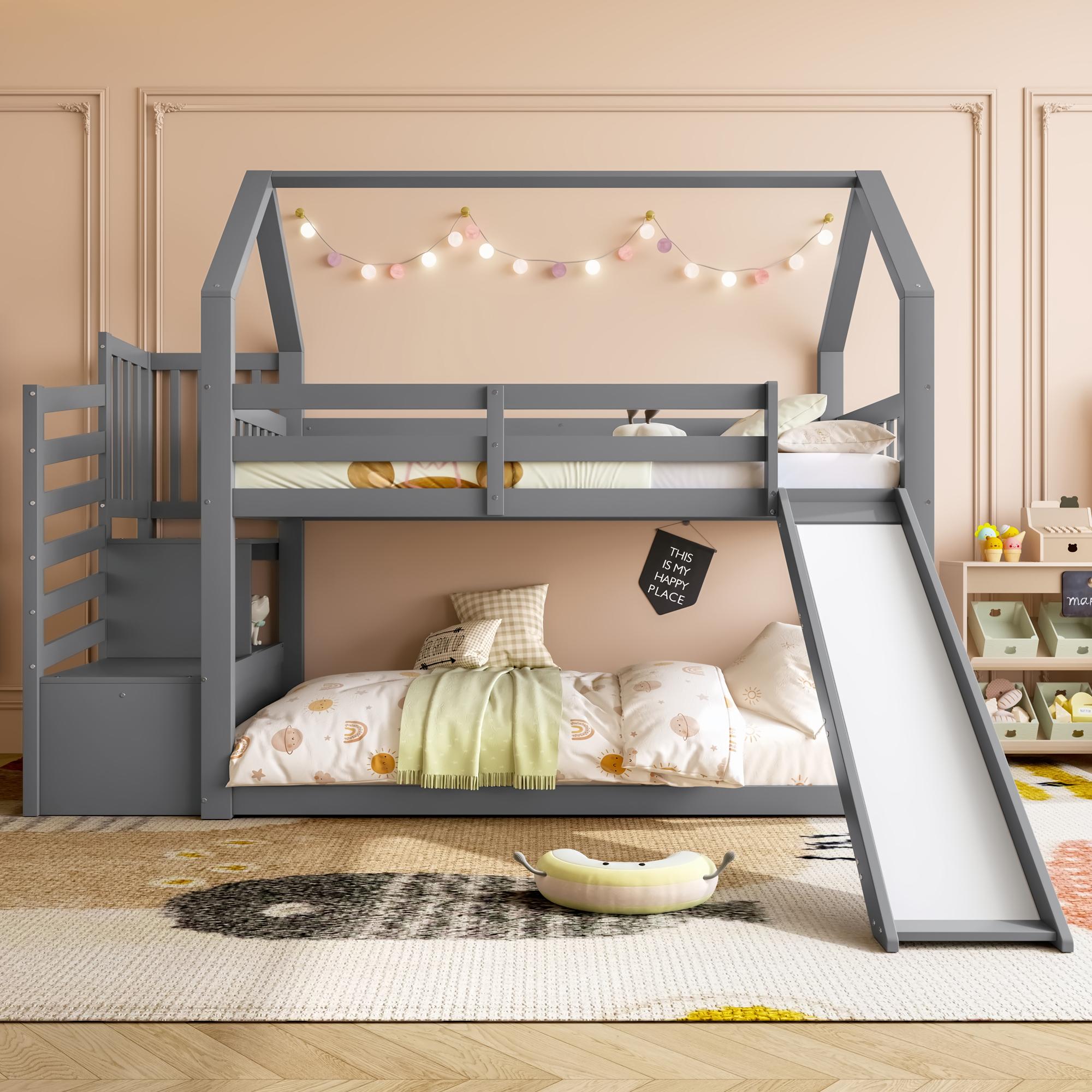 okwish Etagenbett 90x200 cm, mit Stauraumtreppe und Rutschen, Heimkinderbett, mit Geländer zum Schutz von Kindern und Jugendlichen, grau