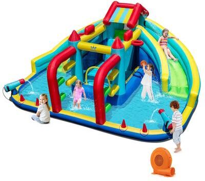 Outdoor Inflatable Castle w/Double Long Slide & Climbing Wall