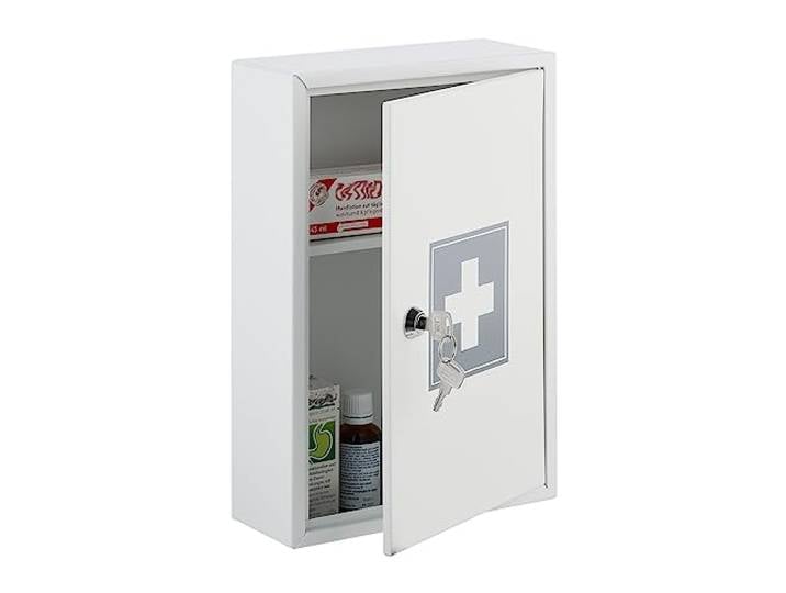 Relaxdays Armoire à Pharmacie\, verrouillable\, 2 Niveaux\, Acier\, HxLxP: 32x21\,5x8 cm\, accrocher\, Blanc - Gris