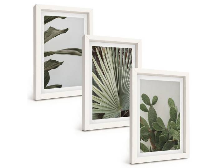 BILDER SET 3er Set - 20x30 cm Weißer Rahmen - Blätter tropischer Pflanzen in Pastellfarben