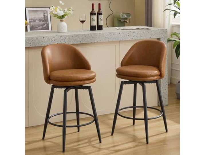 IDEALHOUSE 2er-Set drehbare Barhocker mit Rückenlehne – 66 cm hohe Polsterhocker aus Kunstleder für Kücheninsel & Home-Bar – Metallbeine – Braun