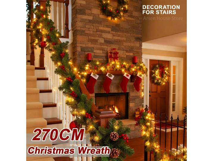 Couronne de Noël LED en rotin décorative, guirlande de Noël artificielle arbre de Noël rotin bannière décoration couronne pour décor Navidad