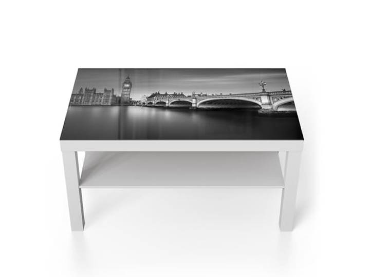 DEQORI Glastisch weiß groß 90x50 cm Motiv Londoner Zeitlosigkeit ausgefallener Beistelltisch aus Glas Hochglanz Couchtisch fürs Wohnzimmer moderner Couch Tisch mit Design