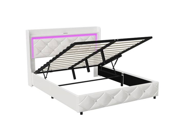 Shopentra Polsterbett 140x200 Weiß PU LED Stimmungsbeleuchtung, Metall, 140x200 cm, Schlafzimmer, Betten, Polsterbetten