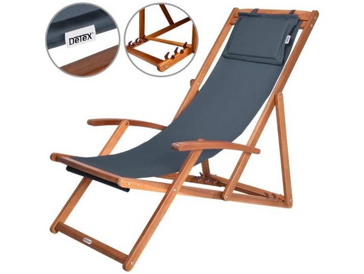 CASARIA® Chaise longue pliante en bois anthracite Chaise de plage 3 positions Chilienne transat jardin exterieur