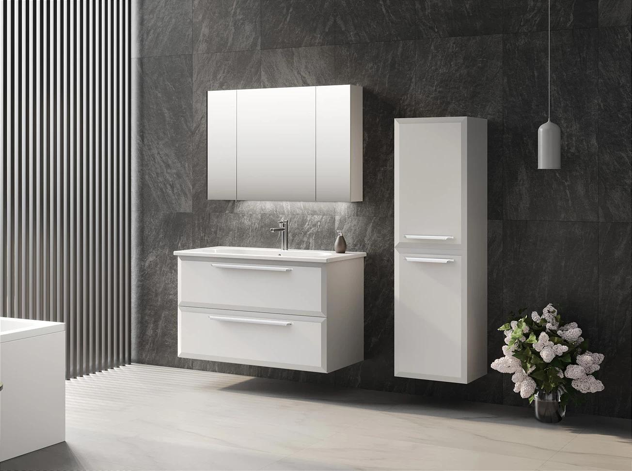 Orka | Badezimmermöbel Set - 100 Cm - Weiß Hochglanz - Modernes Design - Mit Spiegel Und Waschbecken - lautloses Schließen