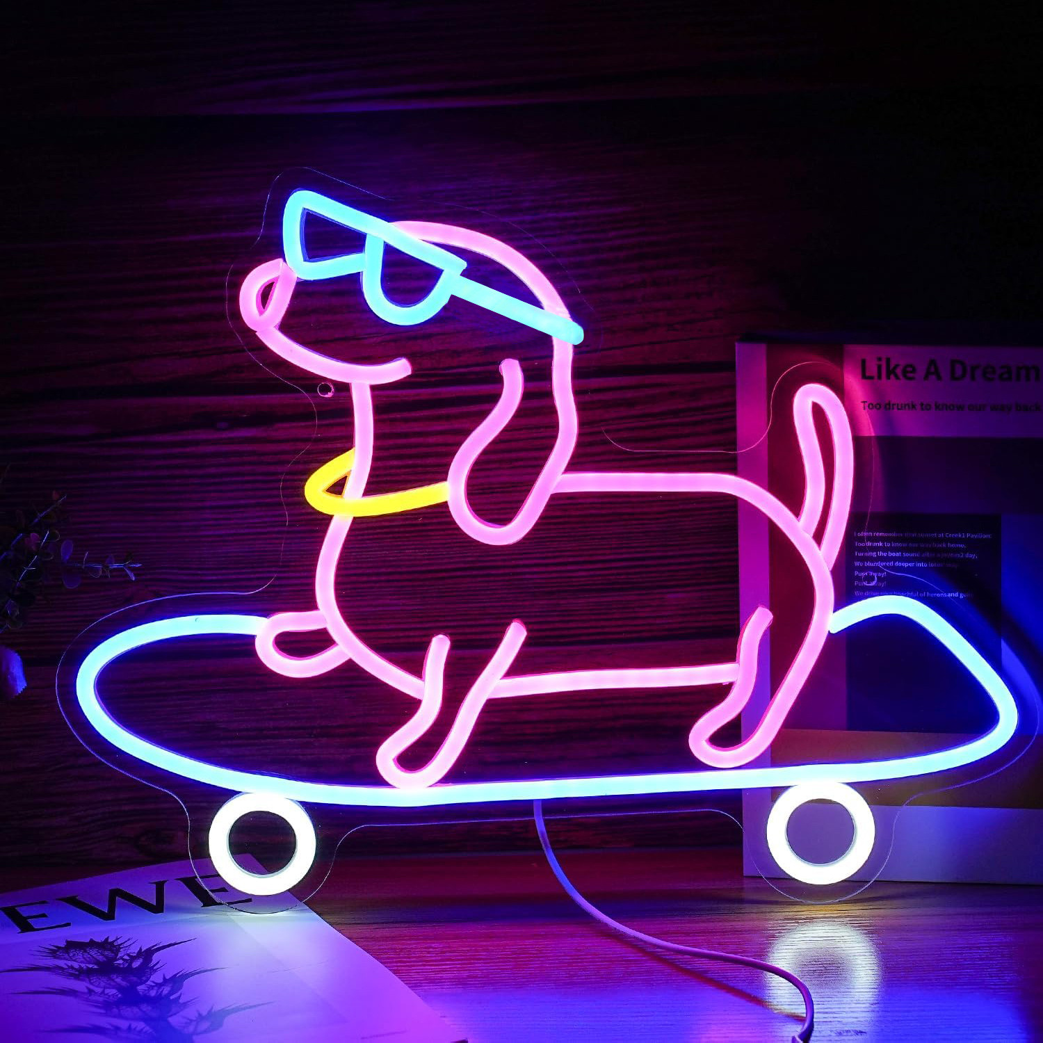 Rosikey LED Neon Bord met Skateboard en Hond voor Wanddecoratie