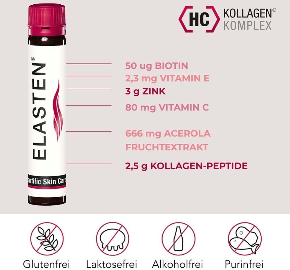 Elasten® Kollagen Trinkampullen für schöne Haut – das studiengeprüfte Original, mit Acerola, Vitamin C, Zink, Biotin 3x28x25 ml 3x28x25 ml Trinkampullen