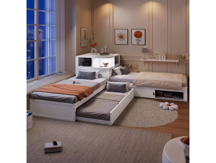 COVREO Lit plateforme 90 x 200 cm forme L avec lit gigogne rangements à portes coulissantes veilleuse blanc