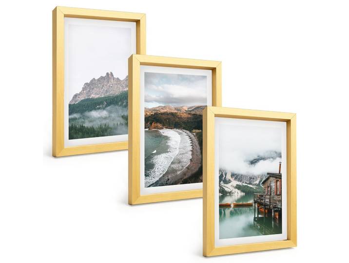 BILDER SET 3er Set - 20x30 cm Goldrahmen - Holzhaus an Bergstränden