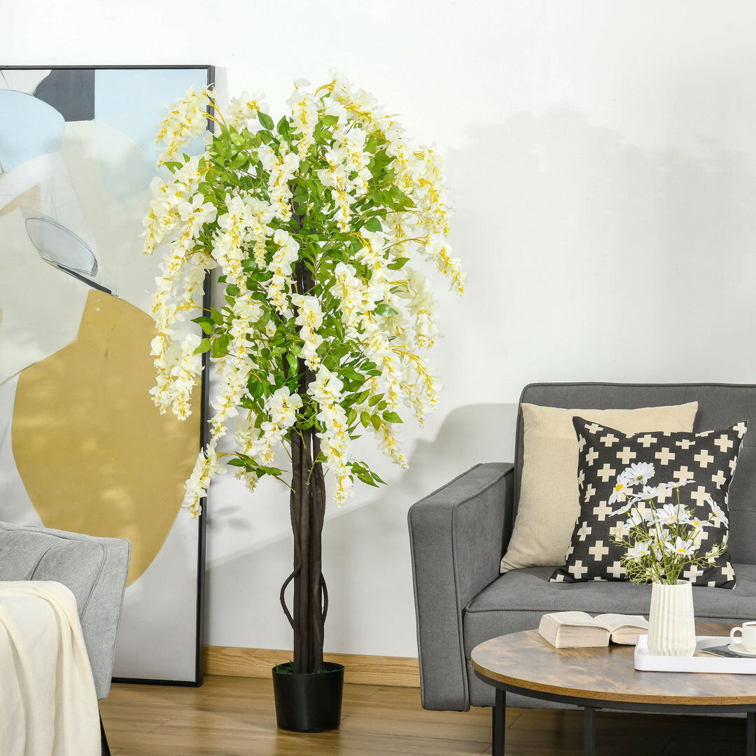 The Seasonal Aisle HOMCOM Artificial Plant White Wisteria Tree Faux Plant for Indoor Decor Green, White, Brown 160cm H X 17cm W X 17cm D
