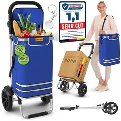 ELONEO Einkaufstrolley klappbar, Einkaufswagen mit Kühlfach, 3in1 Trolley, Shopping Trolley 56L & Umhängetasche - Blau
