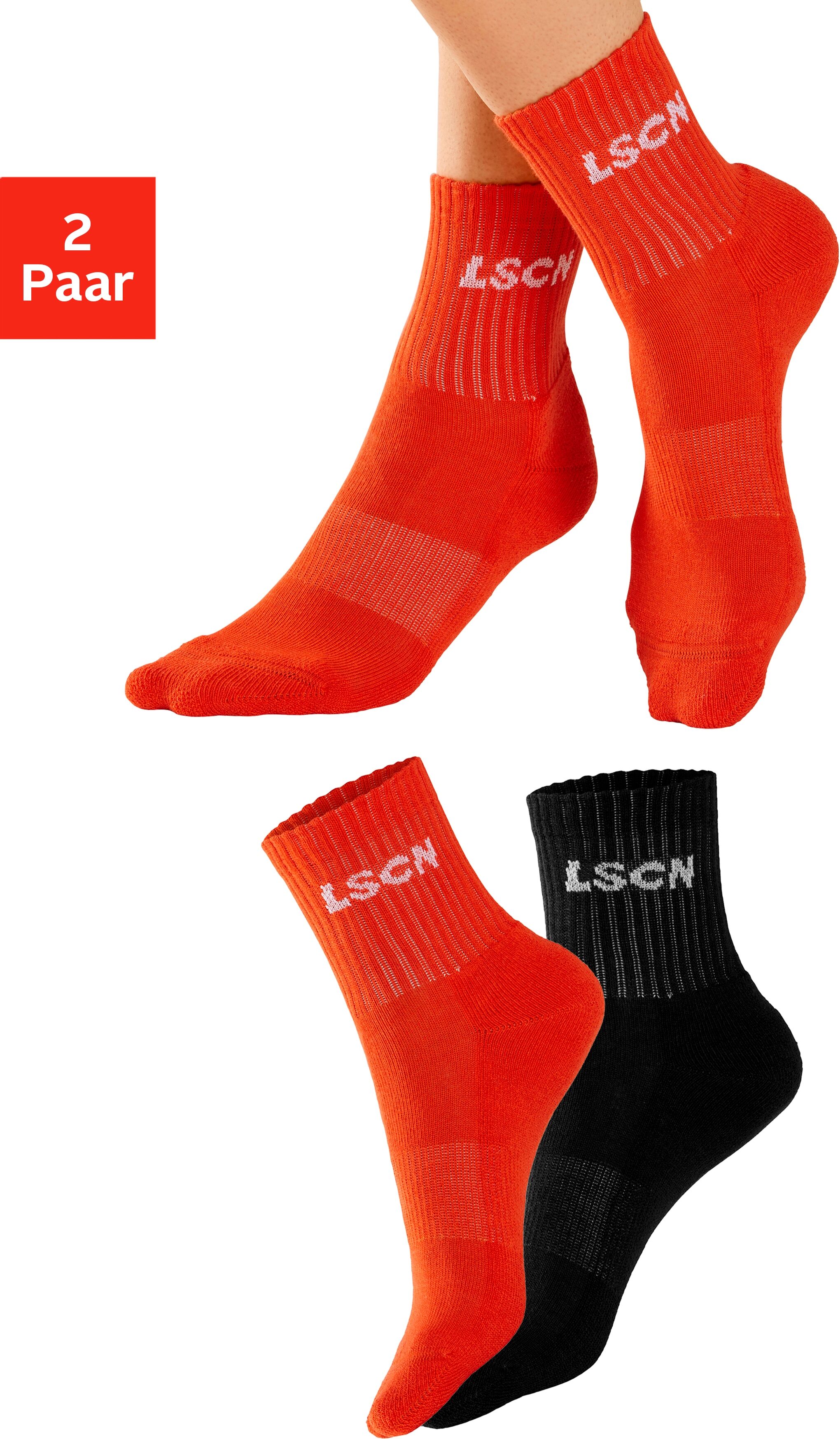 Tennissocken LSCN BY LASCANA, Damen, Gr. 35-38, orange (1x schwarz, 1x orange), Baumwollmischung, unifarben, normal, Socken Tennissocken, mit Halbfußfrottee