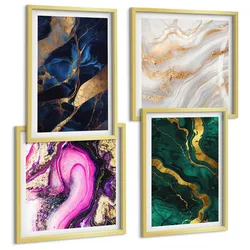BILDER SET 4er Set - 50x50 cm & 40x60 cm Goldrahmen - Abstrakter Marmor mit Farben