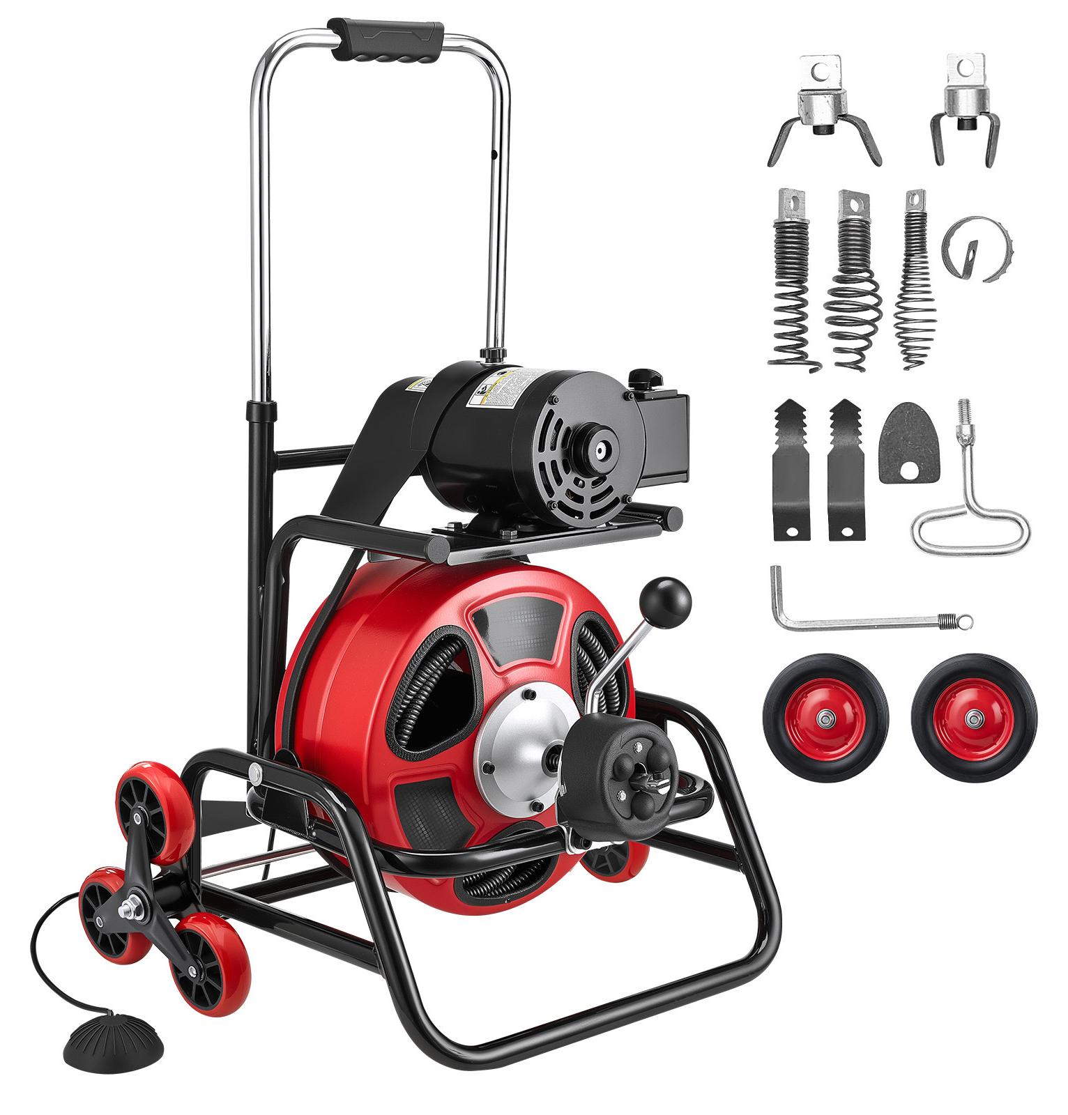 SucceBuy Rohrreinigungsmaschine ŠÕ12,7mm x 30 m, Reinigungsspirale mit automatischer Vorschubfunktion, Kletterr?dern, einstellbarer Trommel, 8 Schneidk?pfen & Fu?schalter fš¹r Rohre von 50 bis 150 mm