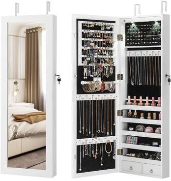 Costway Lockable Wall Mount Mirrored Jewelry Cabinet with LED Lights-White