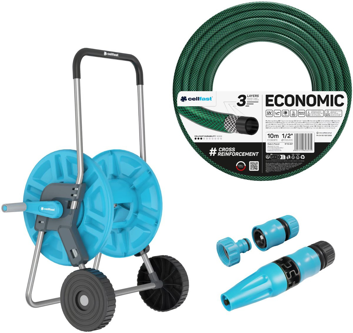 Cellfast Tuinslangset met Aluplus-slangwagen, Economic-tuinslang en Basic-sproeier, 1/2 inch, 70 meter